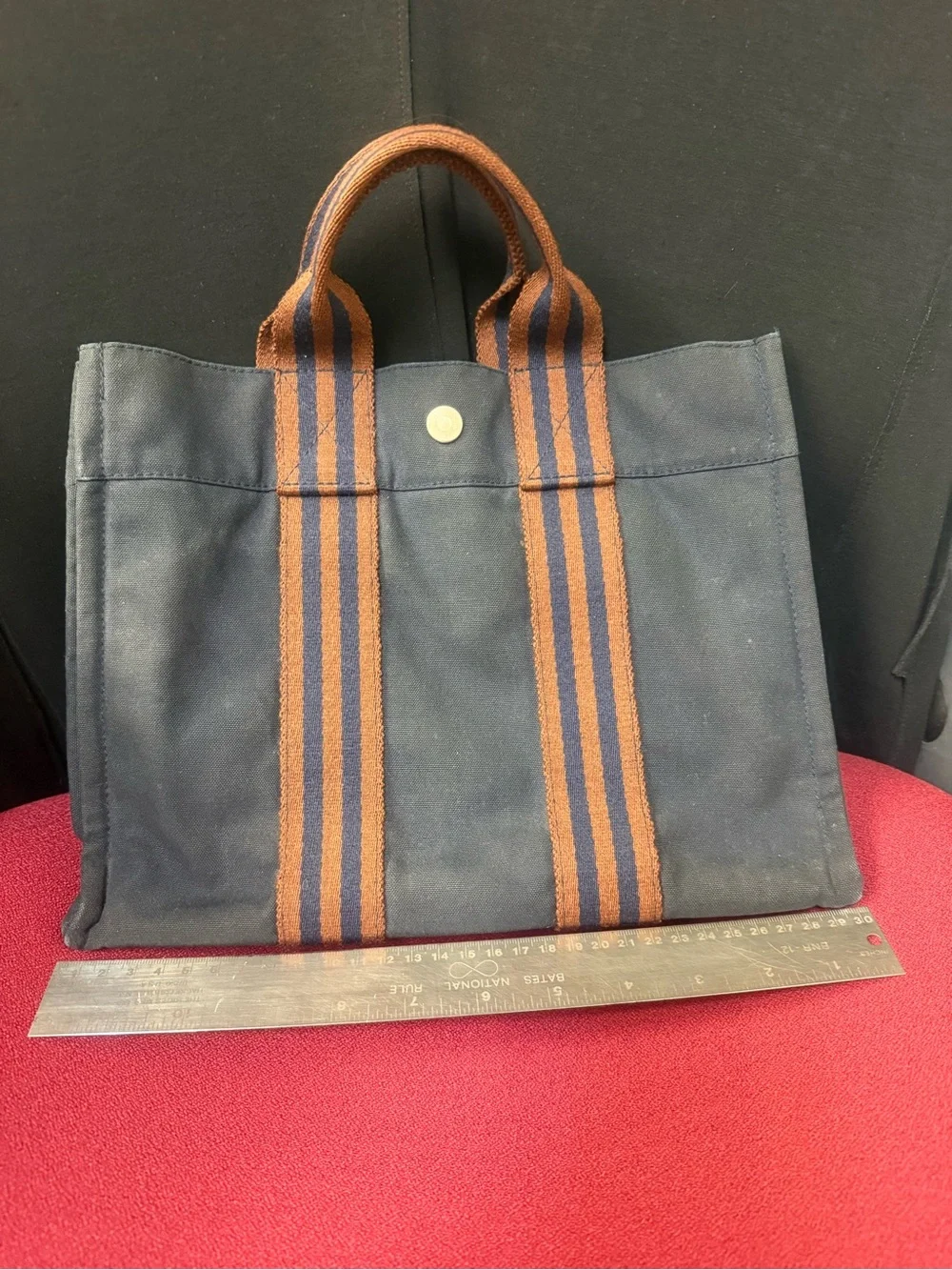 Hermes Small Navy Canvas Tote with Brown Striped Handles - Picture 2 of 16